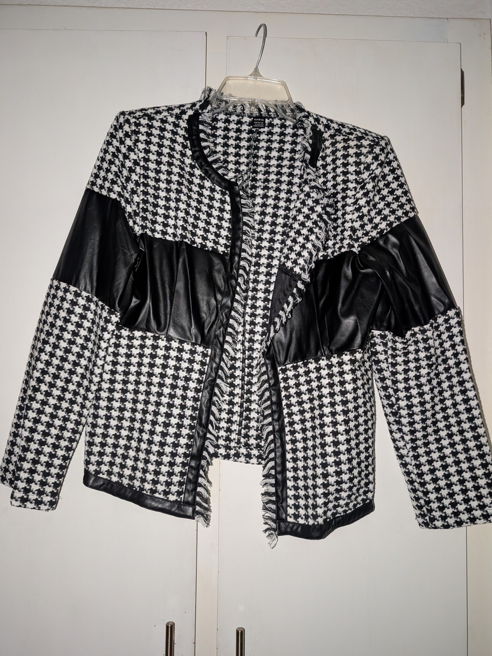SHEIN Black & White Houndstooth Blazer with Faux Leather Panels